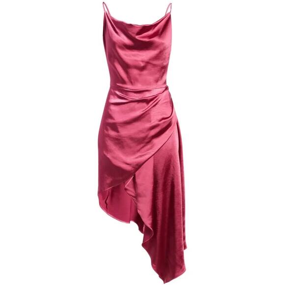 ELLIATT Revolve Jacinda Berry Pink Satin Drape Faux-Wrap Asymmetrical Midi Dress - Picture 2 of 14